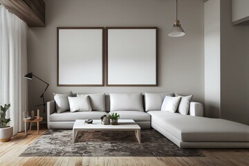 Obraz na płótnie Canvas Modern interior background with neutral wooden living room and home decor, mock up of a frame,. Generative AI