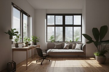 Fototapeta na wymiar Cozy, Modern home workplace sitting area with desk and plants and a couch and wood floor, windows with natural light rays and long shadows. Generative AI