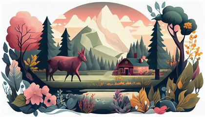 Natural landscape illustration, trees, forest, mountains, flowers, plants, houses. Beautiful landscape of nature. horse, wild horse, domestic horse. generative ai