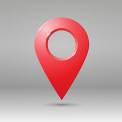 The geolocation icon is red with highlights on a gradient background. Realistic geolocation map pin code icon. Vector EPS 10.