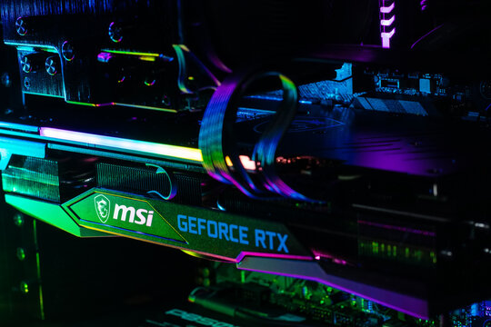 Dnipro, Ukraine - February 23, 2023: MSI Geforce RTX gaming graphics card in a open case with glow