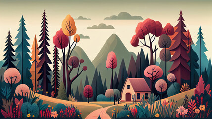 Natural landscape illustration, trees, forest, mountains, flowers, plants, houses. Beautiful landscape of nature. generative ai