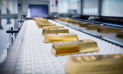 Gold bars factory on conveyor belt concept. 3d render