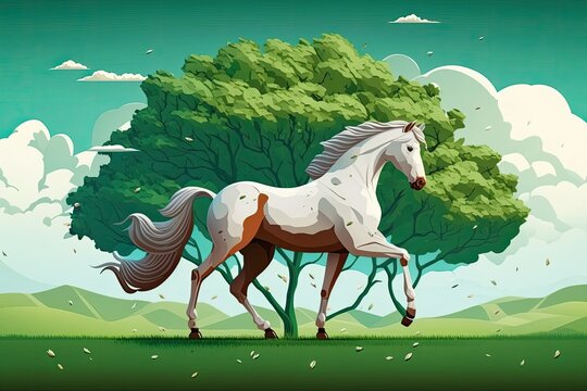 A stunning bay horse rears up in a lush spring field. Generative AI