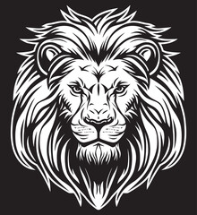 Lion face front view vector art image logo template, sticker and tattoo design on dark background.