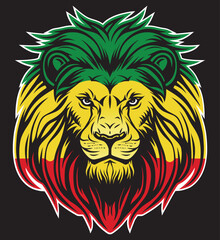 Obraz premium Lion of Judah face eps vector art image illustration. Rasta Jamaican lion head front view with rastafarian reggae colors on dark background.