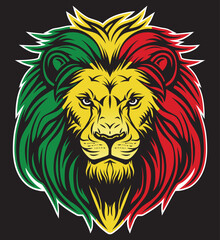 Jamaican reggae rasta lion head front view with rastafarian colors on dark background. Lion of Judah face eps vector art image illustration.