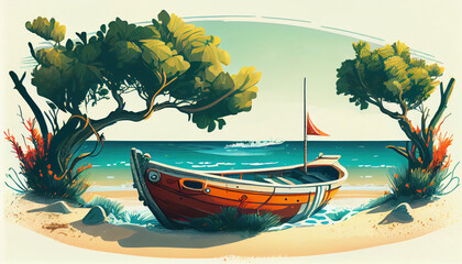 Summer sea beach boat on the shore. Ocean coast, natural landscape. Beautiful landscape of nature. generative ai