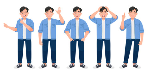 Obraz premium Full-length man is a set of characters. A white man is standing and waving his hand, pointing at something, clutching his head in horror. A young Chinese man in a blue shirt, white T-shirt and jeans