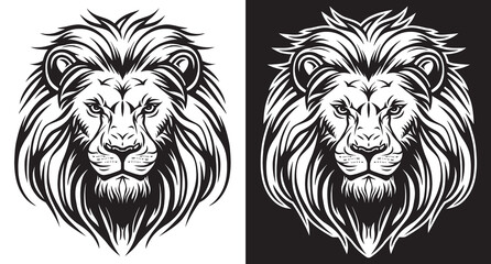 Lion face front view black and white line art eps vector art image illustration. Lion head with mane hair logo design and sticker graphic.