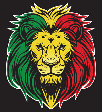 Jamaican reggae rasta lion head front view with rastafarian colors on dark background. Lion of Judah face eps vector art image illustration.