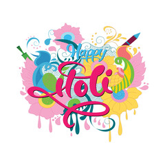 Creative banner of Holi Festival celebration. Colorful background People palaying with Gulal, pichkari, traditional pot and text Happy holi