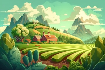 An idyllic and healthy setting for farming, complete with scenic mountains, a vegetable garden, and plantations. Generative AI