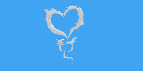 Milk heart shaped splashes, drops and blots splash 3d render 
