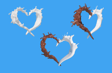 heart  shaped coffee or chocolate with milk splashes, drops and blots in the shape of a heart 3d render illustration