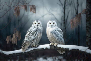 Winter woodland, with two snowy owls perched on a branch, generative Ai