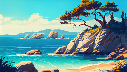 Summer sea beach. Ocean coast, natural landscape. Beautiful landscape of nature. generative ai