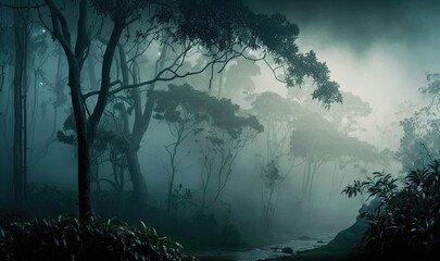  a dark forest filled with lots of trees and plants on a foggy day.  generative ai