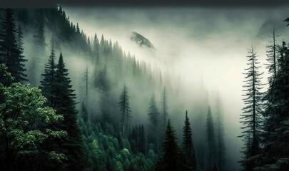  a forest filled with lots of trees covered in fog and mist.  generative ai