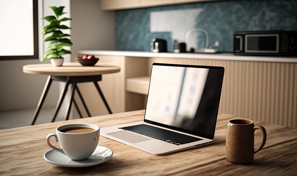 a laptop computer sitting on top of a wooden table next to a cup of coffee.  generative ai