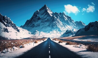  a long road with a mountain in the background and snow on the ground.  generative ai - obrazy, fototapety, plakaty