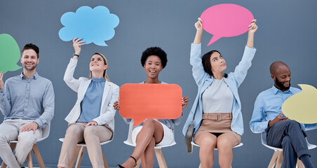 Social media, chat and business people with a speech bubble for communication and opinion. Mockup,...