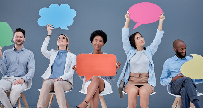 Social media, chat and business people with a speech bubble for communication and opinion. Mockup, blank and portrait of employees showing an information board for feedback, review and voice at work