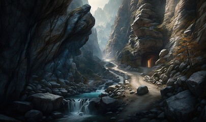  a painting of a mountain stream and a tunnel in the side of a mountain.  generative ai