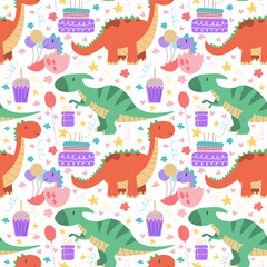 Dino birthday party pattern dinosaur kid holiday celebration illustration Baby design for birthday invitation or baby shower, poster, clothing, nursery wall art and card. EPS