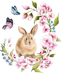 Watercolor easter illustration. Cute bunny and spring floral wreath. Hand painted graphic for card or invitation