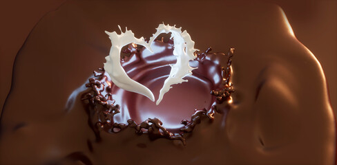 Milk heart shaped splashes in  coffee or chocolate, drops and blots splash 3d render