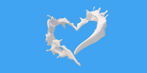 Milk heart shaped splashes, drops and blots splash 3d render 