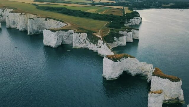 Aerial view of Old Harry Rocks sea stacks in Studland, Dorset, United Kingdom.