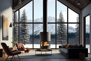Winter Retreat: Cozy Living Room with Fireplace and Breathtaking Snowy Mountain Views in a Rustic Forest Chalet
