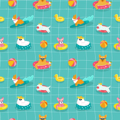 Funny dogs swimming in the blue pool and relaxing. Cool pets in inflatable circles, drinking cocktails. Swimsuit print, pattern for towel or beach bag. Bright colors - yellow, pink, blue.