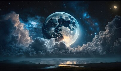 Fototapeta na wymiar a full moon in the sky above a body of water. generative ai