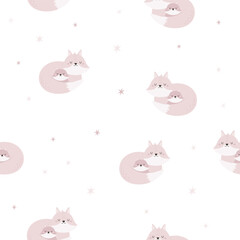Naklejka premium Seamless pattern with cute mother fox and baby on white background.