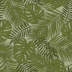 Fototapeta na wymiar Palm and monstera leaves seamless pattern design. Tropical leaves branch and monstera summer pattern design. Tropical floral pattern background. Trendy Brazilian illustration. 
