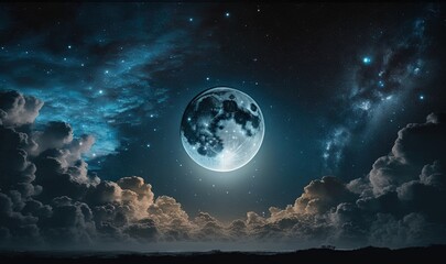  a full moon in the night sky with clouds and stars.  generative ai