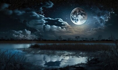  a full moon over a body of water with clouds in the sky.  generative ai
