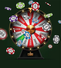 Wheel of  fortune and casino chips. Realistic illustration.
