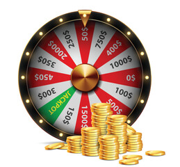 Casino wheel of  fortune and golden chips. Object on a white background. Realistic illustration.