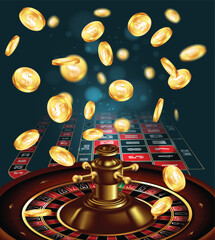 Casino table, a tape measure and golden casino chips on a green background. 3D vector. High detailed realistic illustration.