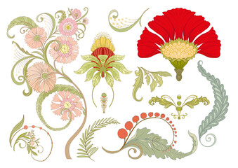 Decorative flowers and leaves in art nouveau style, vintage, old, retro style. Vector illustration. Clip art, set of elements for design © Elen  Lane