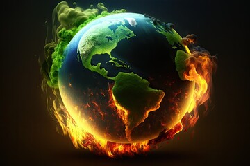 Due to climate change, Heat wave causes world to become greenhouse as fire burns earth globe in background as metaphor.