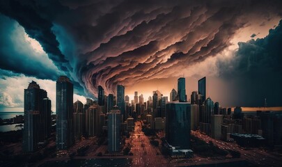 Obraz premium a very large storm is coming in over a city with tall buildings. generative ai