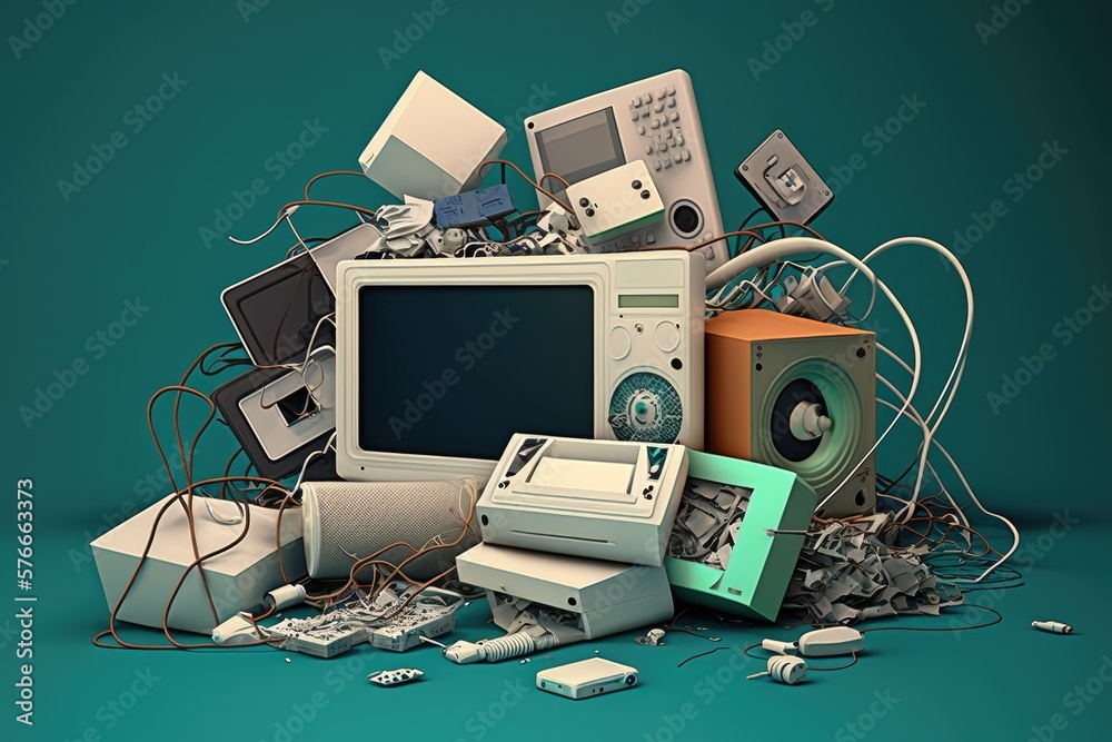 Poster A slew of defunct home electronics and discarded electronics are scattered on a drab background. Conceptualization of electronic trash destined for recycling in light of planned obsolescence