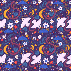 Whimsical night garden Seamless pattern. Birds at midnight. Dark botany. Original creative magic art print.