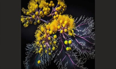  a close up of a bunch of yellow flowers on a black background.  generative ai