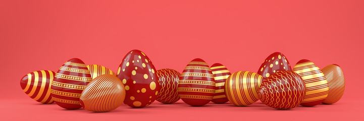 3d render of 13 red and gold easter eggs on red background. - Vacation background - 576663920